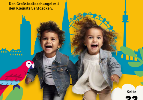gelber Hintergrund mit blauen Umrissen der Stadt mit fröhlichen Kindern